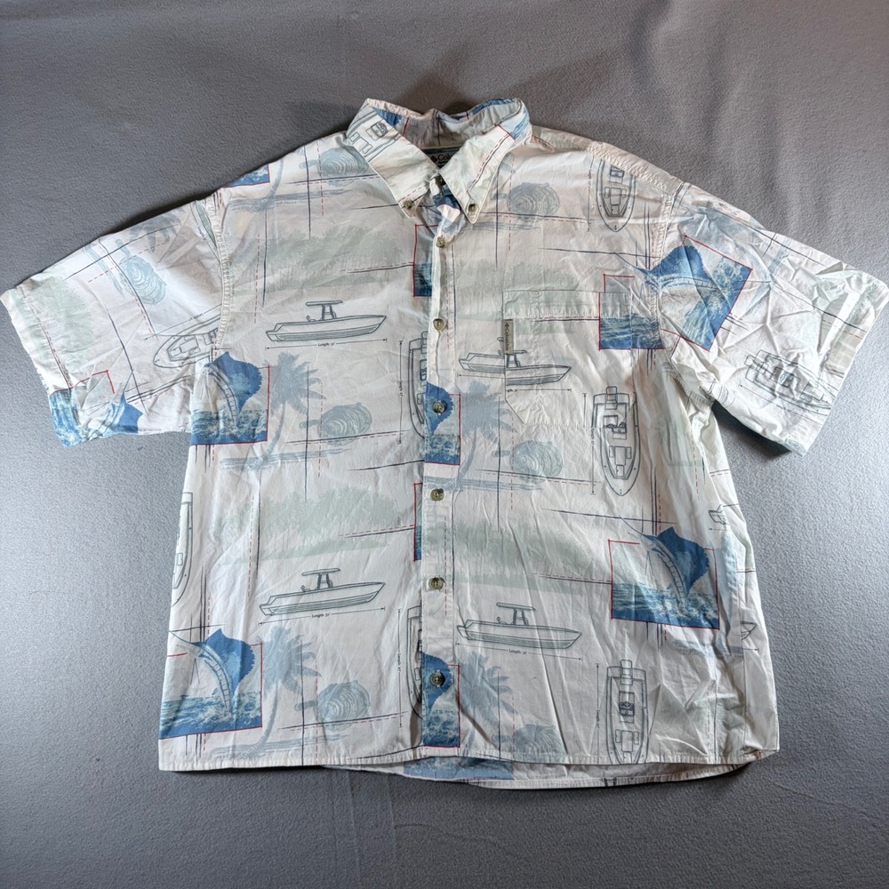 Columbia Mens Short Sleeve Button Down Shirt White Nautical Boat Marlin‎ XL